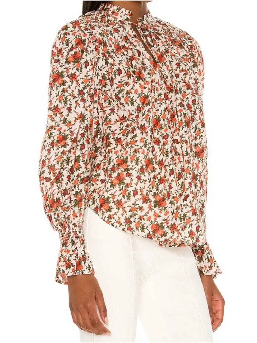 Free People Blouse Floral Tie-Neck Puff Sleeve
